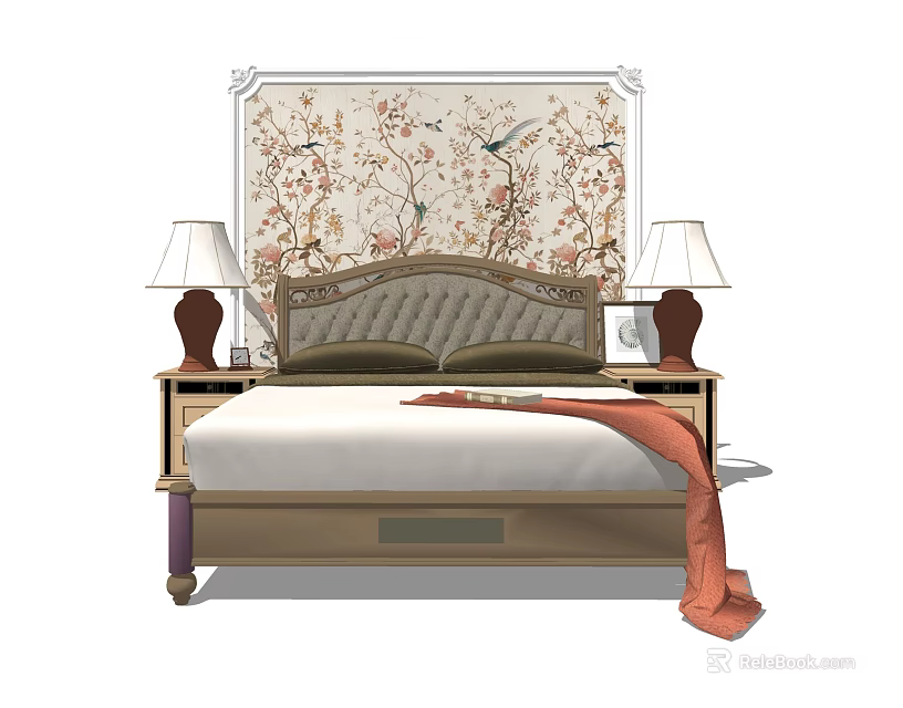 Background Double Bed Interior Design With Floral Wallpaper Bedside Tables And Table Lamps 3d model 