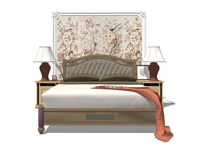 Background Double Bed Interior Design With Floral Wallpaper Bedside Tables And Table Lamps 3d model