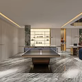 Modern Recreation Room Interior with Table Tennis Table Marble Floor Blue Sofa and Wine Cabinets