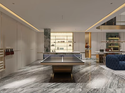 Modern Recreation Room Interior with Table Tennis Table Marble Floor Blue Sofa and Wine Cabinets 3d model