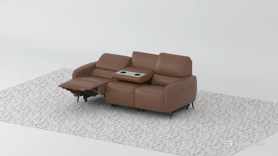 Brown Leather Sectional Sofa with Reclining Seats and Center Table on Carpet 3d model 