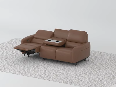 Brown Leather Sectional Sofa with Reclining Seats and Center Table on Carpet 3d model