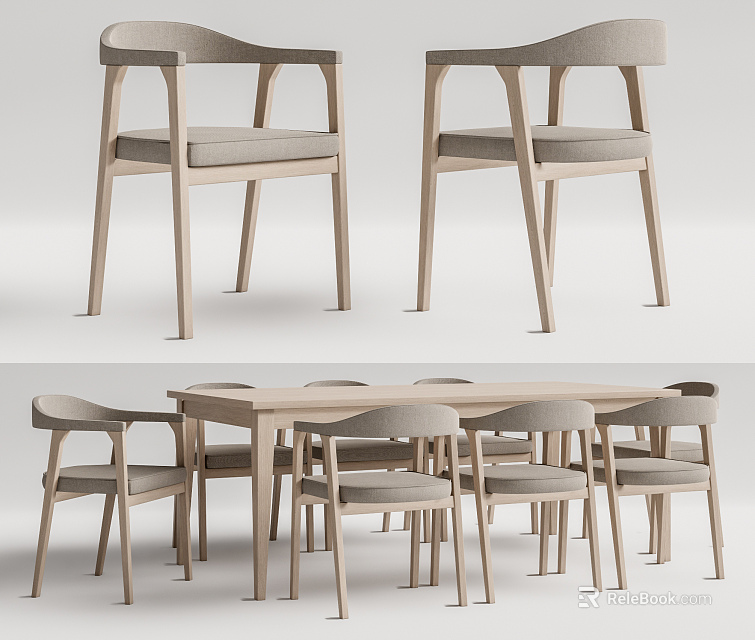 Modern Dining Table Set With Wooden Frame And Fabric Upholstered Chairs 3d model 