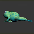Cartoon Green Frog Toy With Blue Spots On Black Reflective Surface