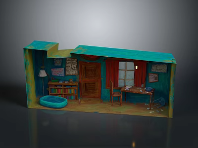 Miniature Room Model With Teal Walls Red Curtains Table Chair Bookshelf Blue Mat And Posters 3d model