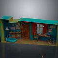 Miniature Room Model With Teal Walls Red Curtains Table Chair Bookshelf Blue Mat And Posters