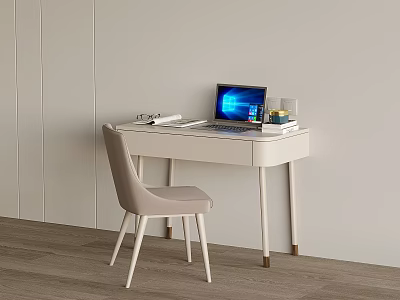 Modern White Desk With Laptop Books And Chair In Minimalist Interior 3d model