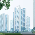 Modern High Rise Residential Buildings With Greenery And People Walking In Urban Area