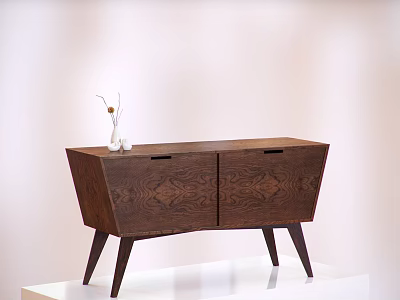 Modern Wooden Entryway Side Cabinet With Wood Grain Doors Slim Tapered Legs and Decorative Vase 3d model