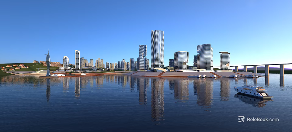 Modern Urban Building Complex Along Waterfront With Clear Reflections And Architectural Designs 3d model