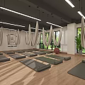 Yoga Fitness Studio With Aerial Hammocks Yoga Mats Wooden Flooring And Large Windows