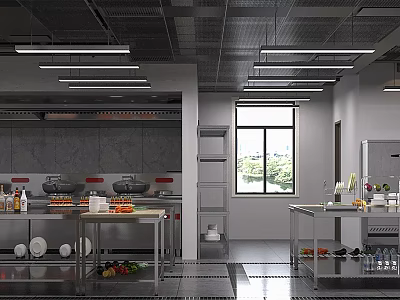 Bright Commercial Kitchen Interior With Stainless Steel Worktables Fresh Produce And Hanging Lights 3d model