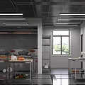 Bright Commercial Kitchen Interior With Stainless Steel Worktables Fresh Produce And Hanging Lights