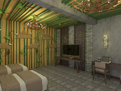 Hotel Room Featuring Two Beds Beige White Bedding Green Bamboo Walls Leaf Patterns Chandelier 3d model