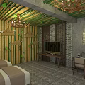 Hotel Room Featuring Two Beds Beige White Bedding Green Bamboo Walls Leaf Patterns Chandelier