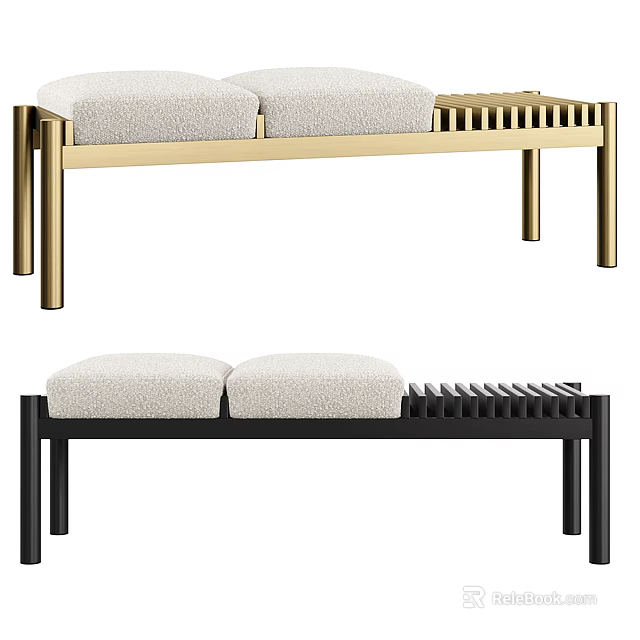 Modern Two Seat Sofa Bench With Gold Black Frame And Light Upholstery Design 3d model 