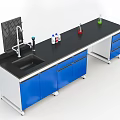Laboratory Lab Bench With Blue Cabinets Black Countertop Faucet Reagent Bottles And Erlenmeyer Flasks