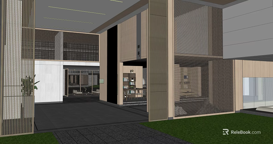 Modern Hotel Lobby Interior Design With Columns Mesh Partitions And Dark Floor Tiles 3d model 