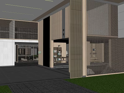 Modern Hotel Lobby Interior Design With Columns Mesh Partitions And Dark Floor Tiles 3d model