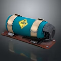 Commercial Cylindrical Teal Equipment With Yellow ATOSH 3 Label And Brown Base Straps