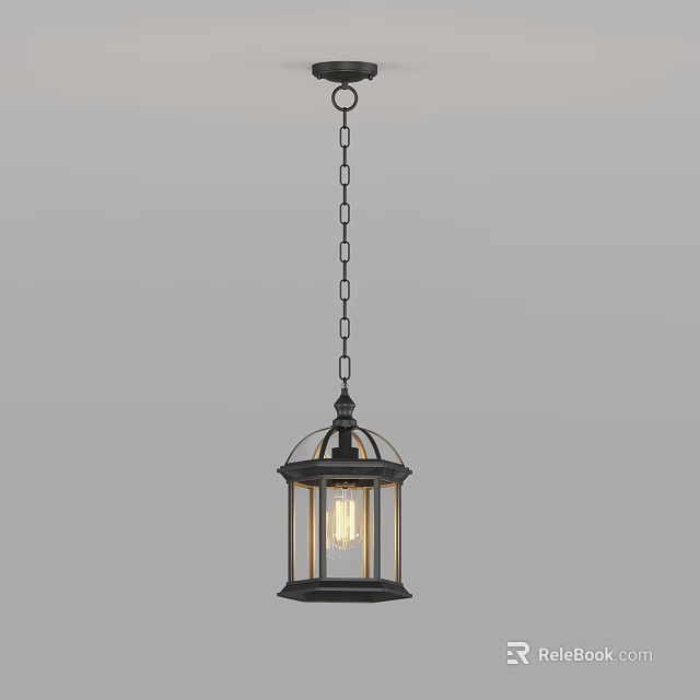 Lantern Shaped Pendant Light With Metal Frame Glass Shade Chain Hanging Illuminated Bulb 3d model 
