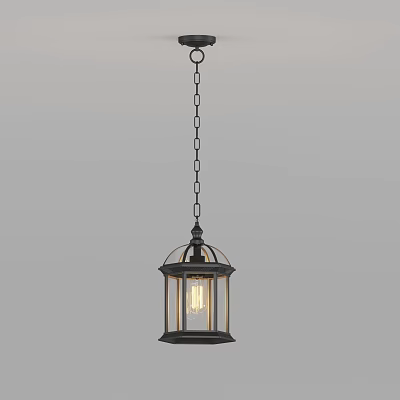 Lantern Shaped Pendant Light With Metal Frame Glass Shade Chain Hanging Illuminated Bulb 3d model
