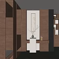 Wooden Entryway Hallway Interior Design With Vertical Painting White Console Vase And LED Lighting
