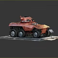 Red Armored Military Vehicle Model With Six Wheels Number 210 On Display Stand