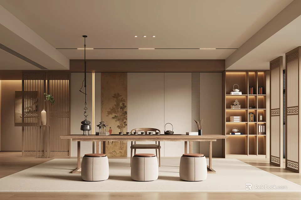 Chinese Style Tea Room With Wooden Furniture Long Table Round Stools Bookshelf And Decorative Painting 3d model 