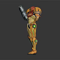 Armored Sci Fi Character With Orange Red Armor Holding Weapon And Green Accents