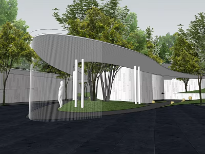 Modern Sales Office Building With Unique Curved Roof White Columns Green Trees And Lawn Area 3d model