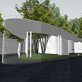 Modern Sales Office Building With Unique Curved Roof White Columns Green Trees And Lawn Area