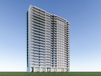 Modern High Rise Building With Glass Facade On Green Lawn And Blue Sky 3d model