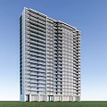 Modern High Rise Building With Glass Facade On Green Lawn And Blue Sky