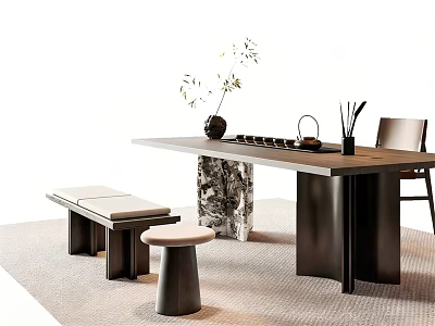 Modern Tea Table and Chairs with Bench Stool Tea Set Vase and Plant 3d model