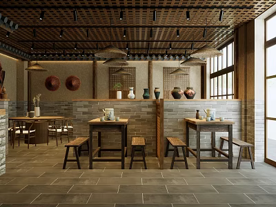 Traditional Chinese Restaurant Interior With Wooden Tables Brick Walls And Decorative Vases 3d model