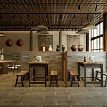 Traditional Chinese Restaurant Interior With Wooden Tables Brick Walls And Decorative Vases