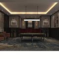 Hotel Billiards Room Interior With Red Walls Red Ceiling Billiard Table And Brown Sofas 3d model