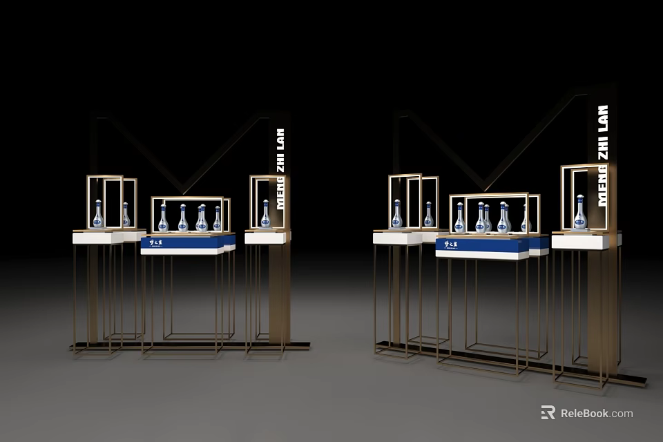 Modern Exhibition Stand Display with Metal Frame and Bottled Products on Shelves 3d model 