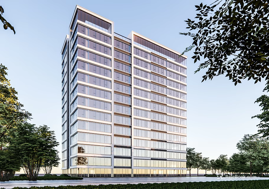 Modern Tall Building With Glass Curtain Walls Green Trees And Urban Street 3d model 