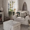 Cozy Living Room Interior with Fireplace Armchair Throw Pillows Ottoman Window Curtains and Rug