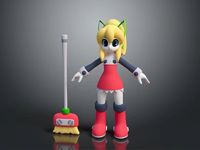 3D Game Character With Blonde Hair Green Ears Red Dress Red Boots And Broom 3d model