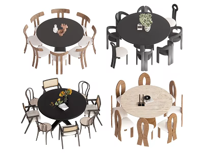 Modern Dining Table Set With Wooden Chairs Black Tabletop And Decorative Vases 3d model