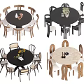 Modern Dining Table Set With Wooden Chairs Black Tabletop And Decorative Vases