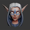 Fantasy Game Movie Character With Silver Gray Long Hair Elf Ears Blue Facial Markings And White Eyes