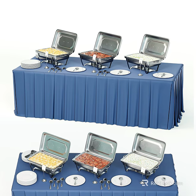 Assorted Foods On Buffet Table With Blue Tablecloth Chafing Dishes White Plates And Utensils 3d model 