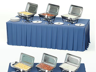 Assorted Foods On Buffet Table With Blue Tablecloth Chafing Dishes White Plates And Utensils 3d model