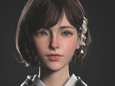 Young Woman With Short Dark Hair Flower Hair Accessory And Gentle Gaze In Kimono 3d model