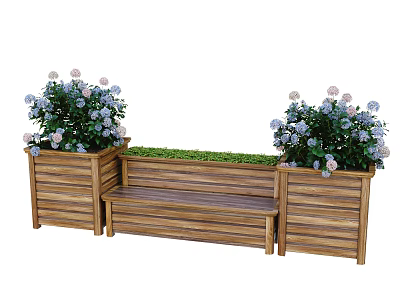 Wooden Garden Bench with Planters Featuring Blue Pink Flowers and Green Grass 3d model