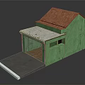 Green Wall Building With Red Roof Awning Metal Mesh Door And Gray Ramp